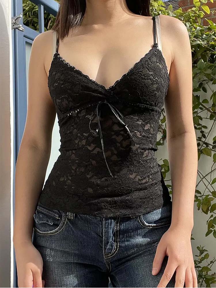黒のシースルーレースキャミクロップトップス レディース サマ - Cami Top Lace のレビューと価格